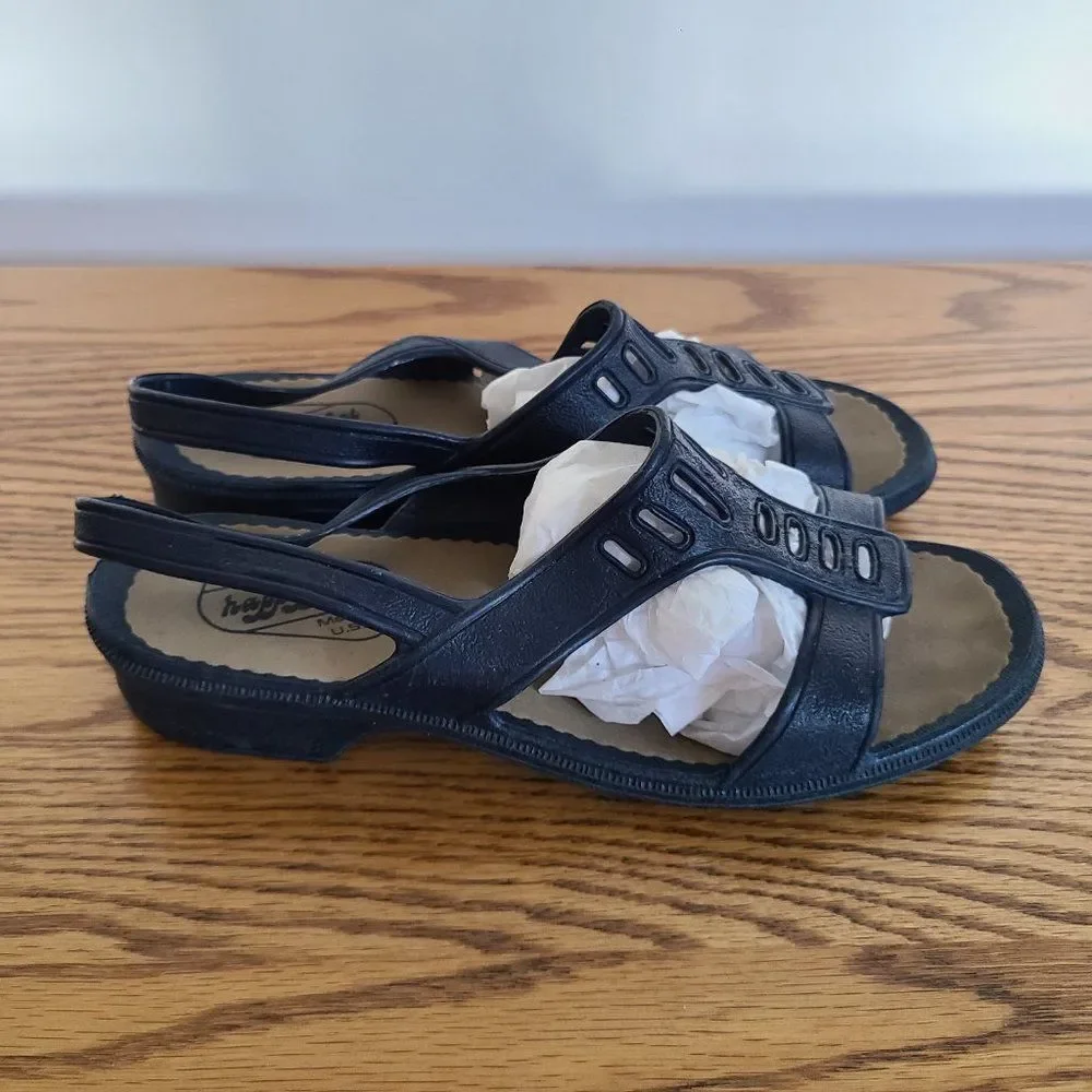 Vintage Women's Happy Feet Navy T-Strap Sandals Size 24 CM ~7 US Made Corona, CA